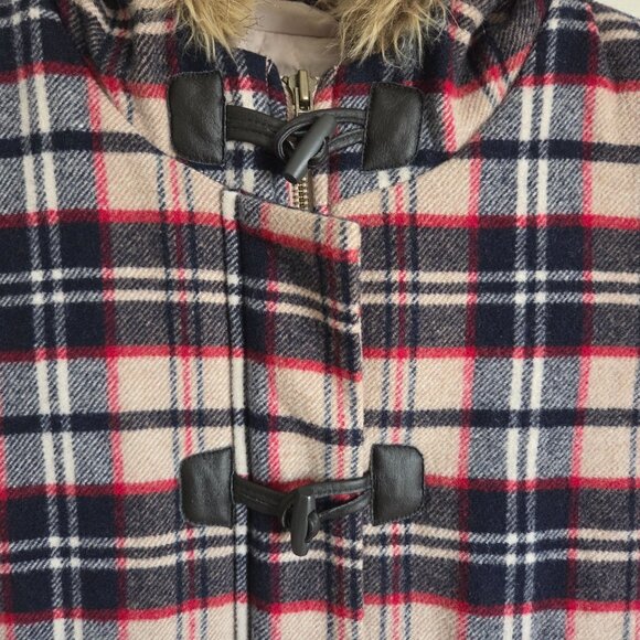 Old Navy Retro Plaid Toggle Wool Blend Vest Faux Fur Hood Multicolor Sz Womens L - Picture 5 of 11